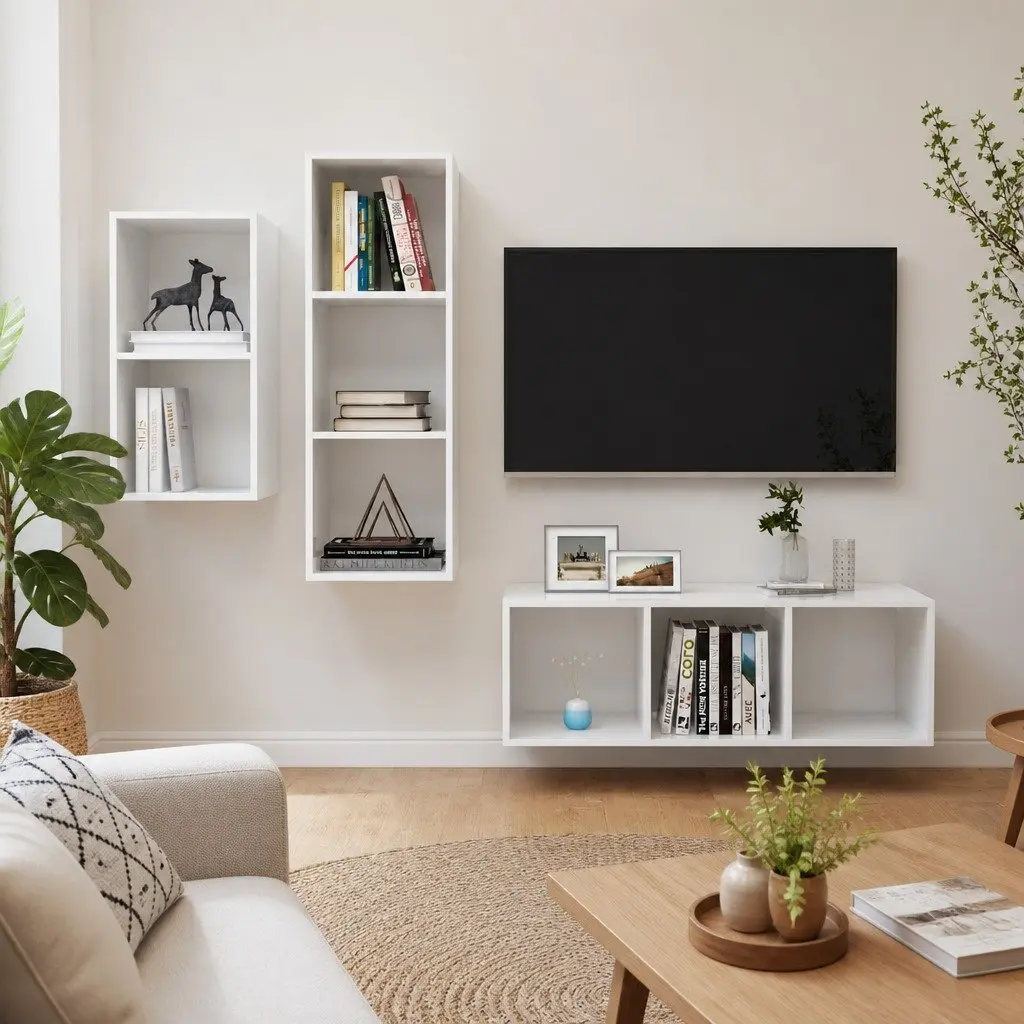 3 Piece Wall Mounted TV Cabinet Set High Gloss White Engineered Wood Storage Unit