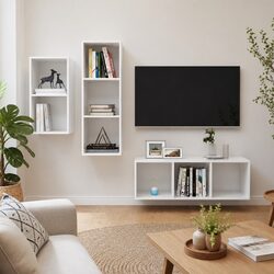 Three-Piece High Gloss White TV Cabinet Set