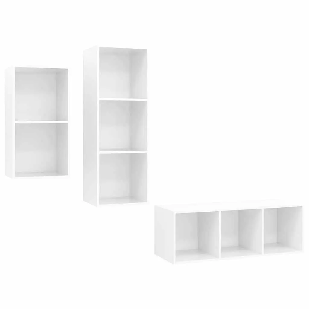3 Piece Wall Mounted TV Cabinet Set High Gloss White Engineered Wood Storage Unit