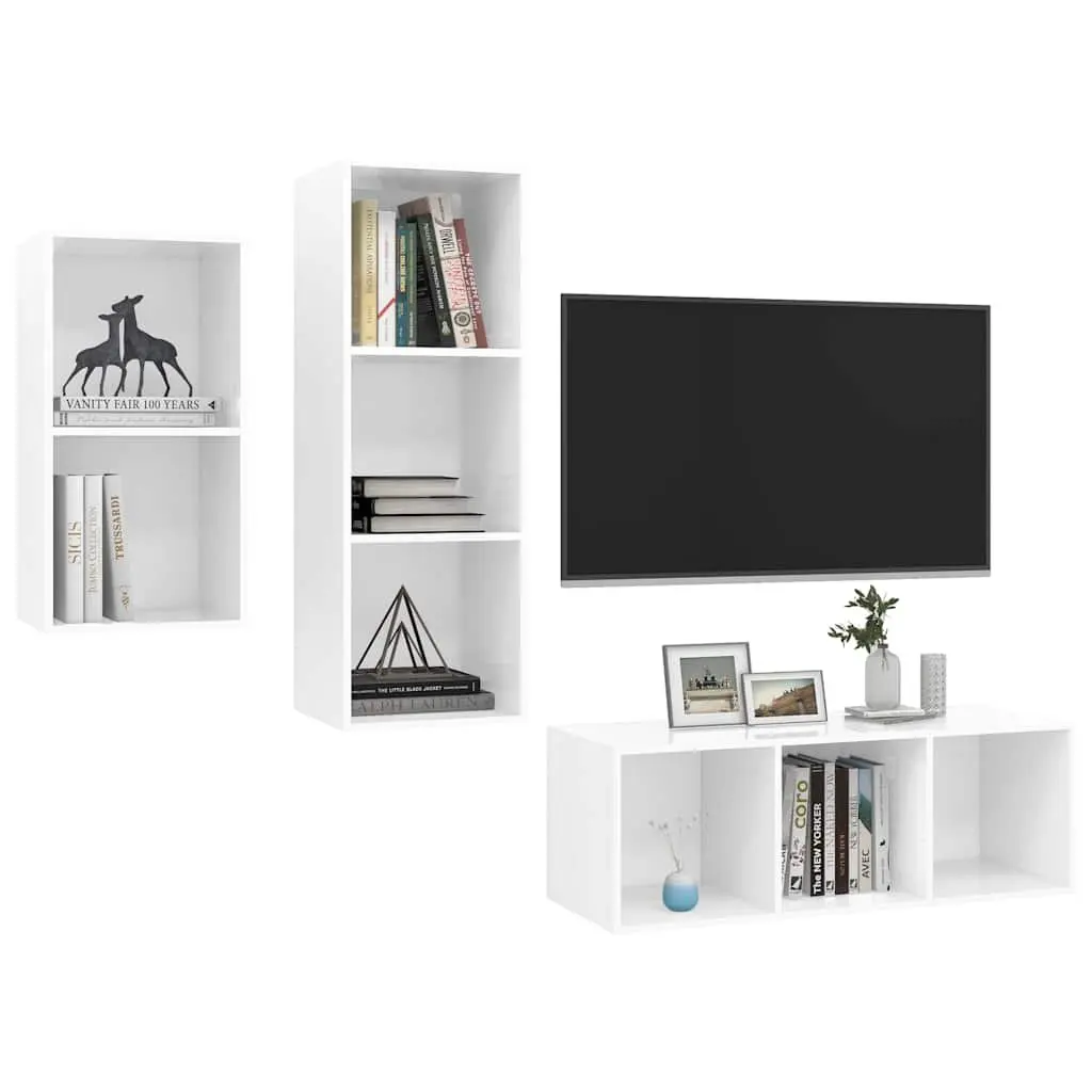 3 Piece Wall Mounted TV Cabinet Set High Gloss White Engineered Wood Storage Unit