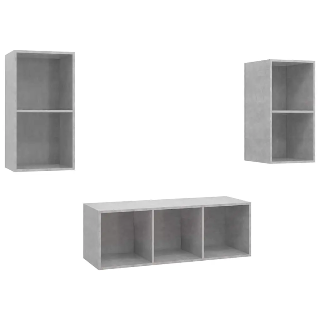 TV Cabinet Set Wall Mounted 3 Piece Grey Engineered Wood Storage Unit
