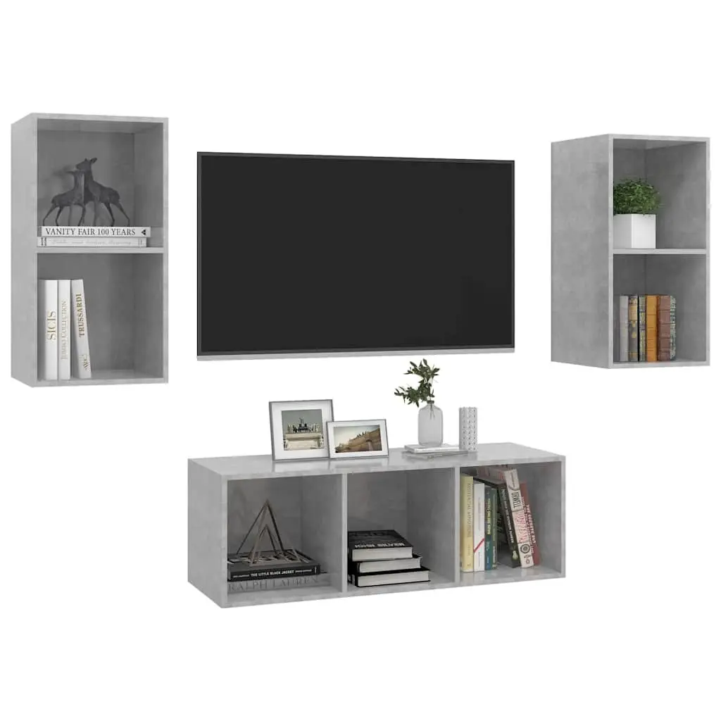 TV Cabinet Set Wall Mounted 3 Piece Grey Engineered Wood Storage Unit