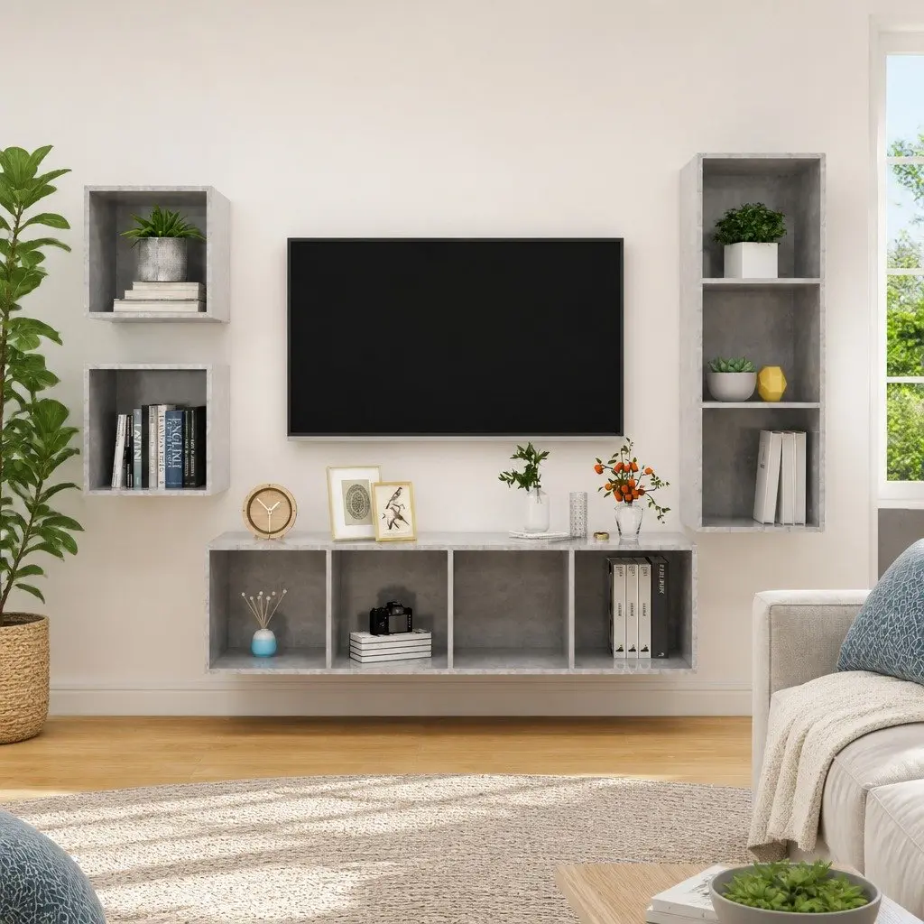 4 Piece Wall Mounted TV Cabinet Set Grey Engineered Wood