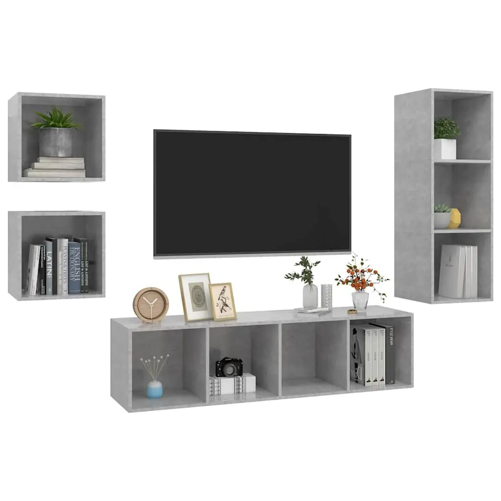 4 Piece Wall Mounted TV Cabinet Set Grey Engineered Wood