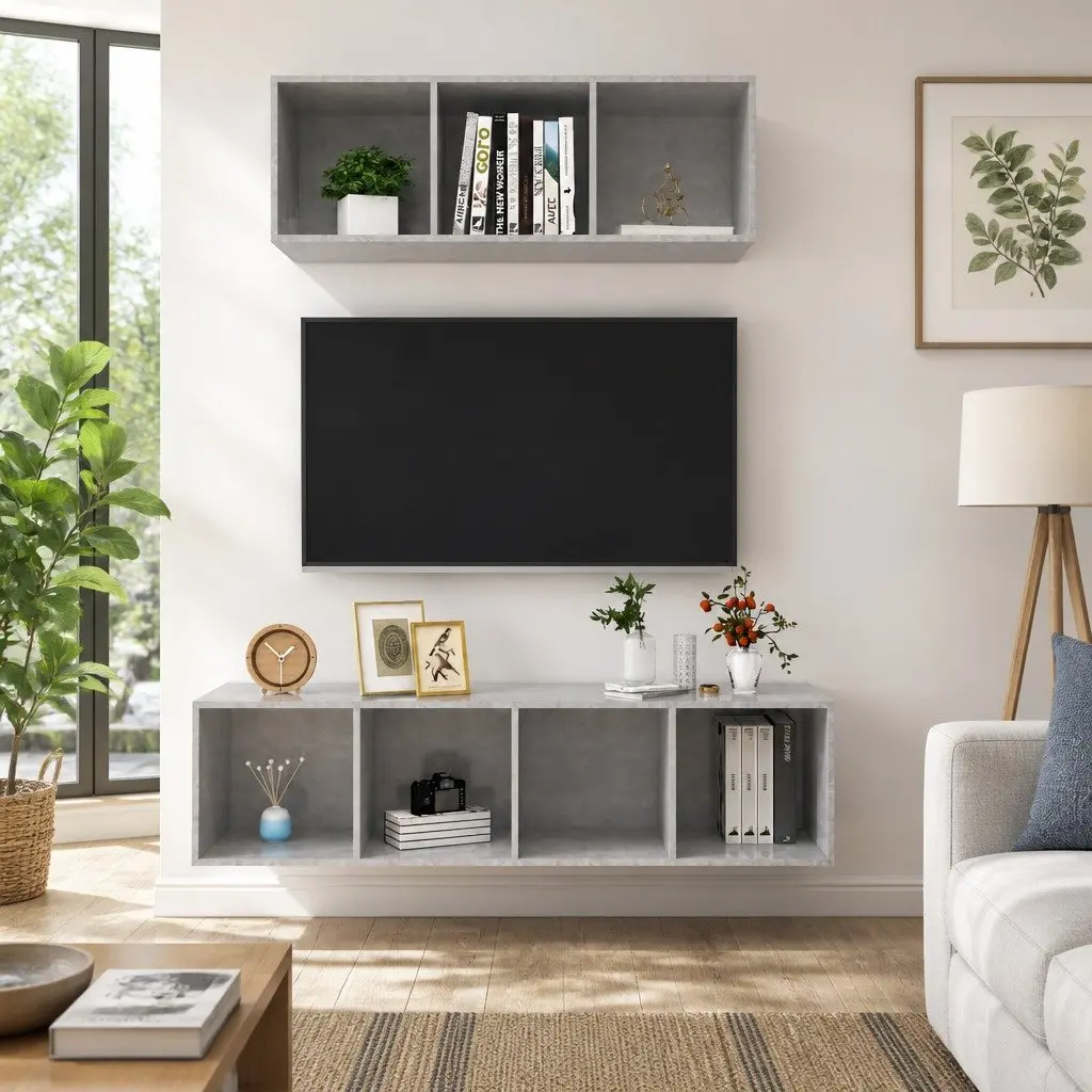 Wall-Mounted TV Cabinet Set Grey Storage Unit Engineered Wood Floating Shelf
