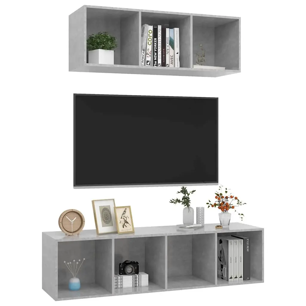 Wall-Mounted TV Cabinet Set Grey Storage Unit Engineered Wood Floating Shelf