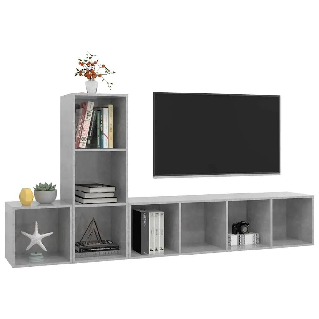 TV Cabinet Set Wall Mounted Grey 3 Piece Engineered Wood Storage Unit