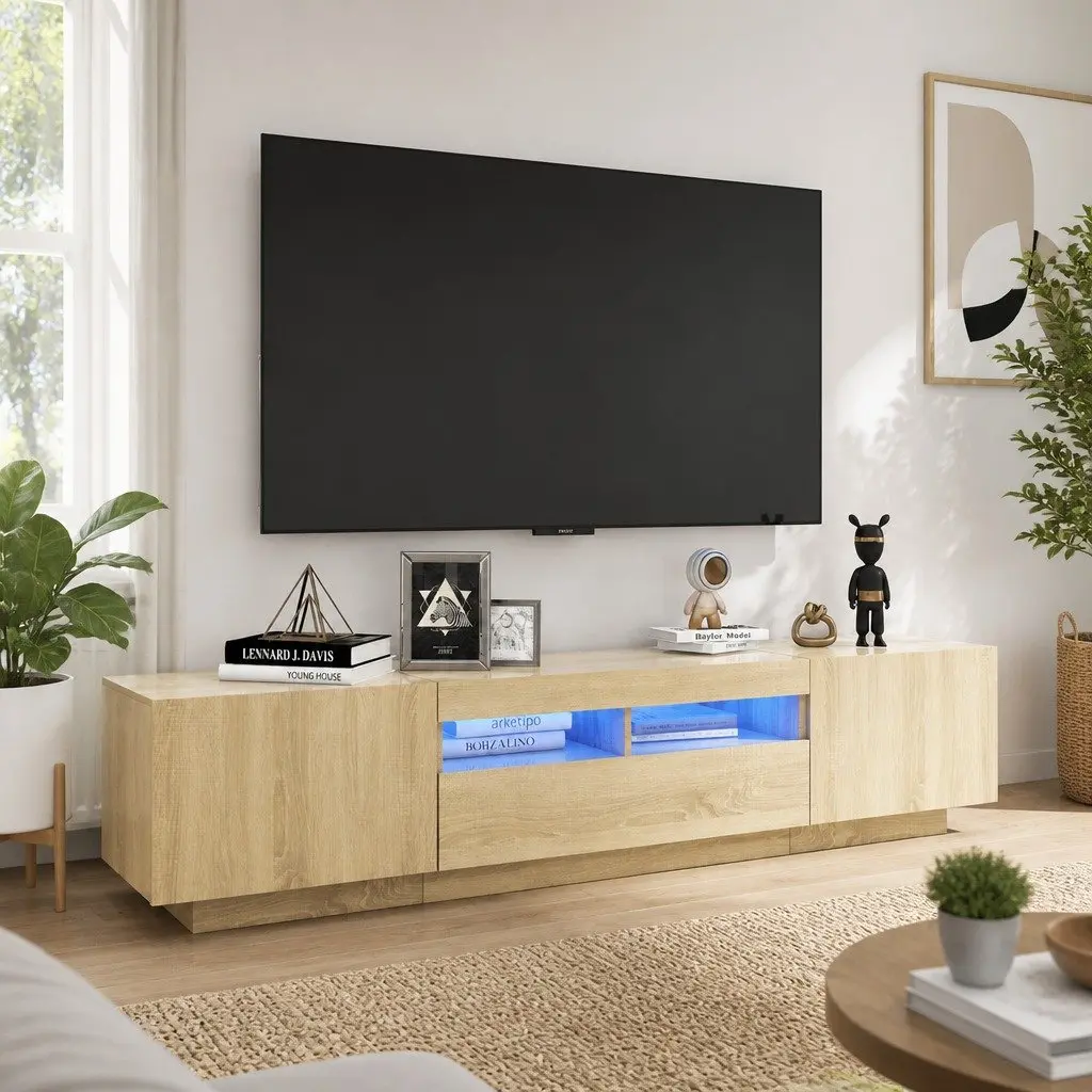 TV Cabinet RGB LED Lights Brown Wood Media Storage Unit 180cm