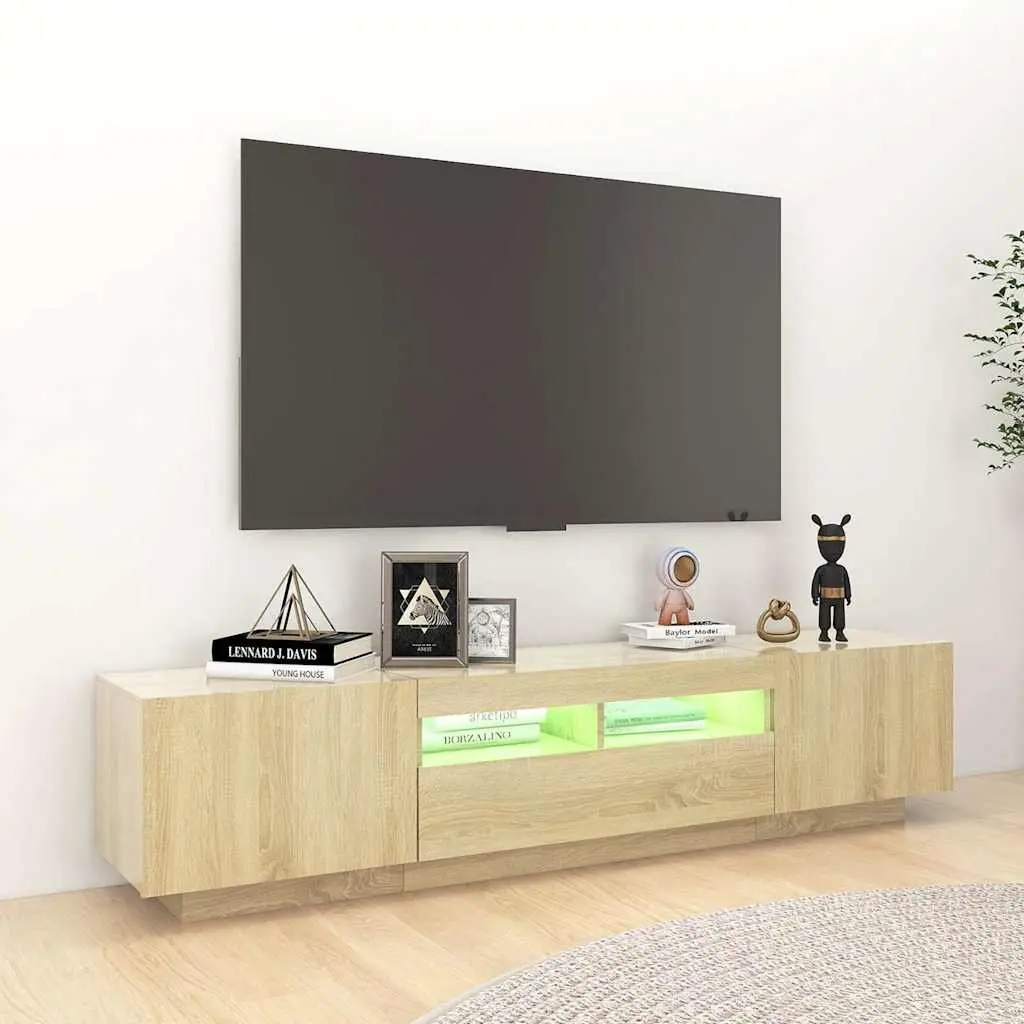 TV Cabinet RGB LED Lights Brown Wood Media Storage Unit 180cm