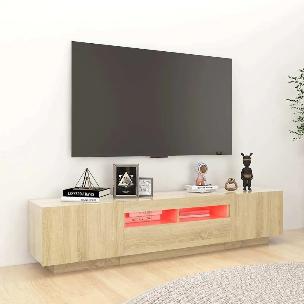 TV Cabinet RGB LED Lights Brown Wood Media Storage Unit 180cm