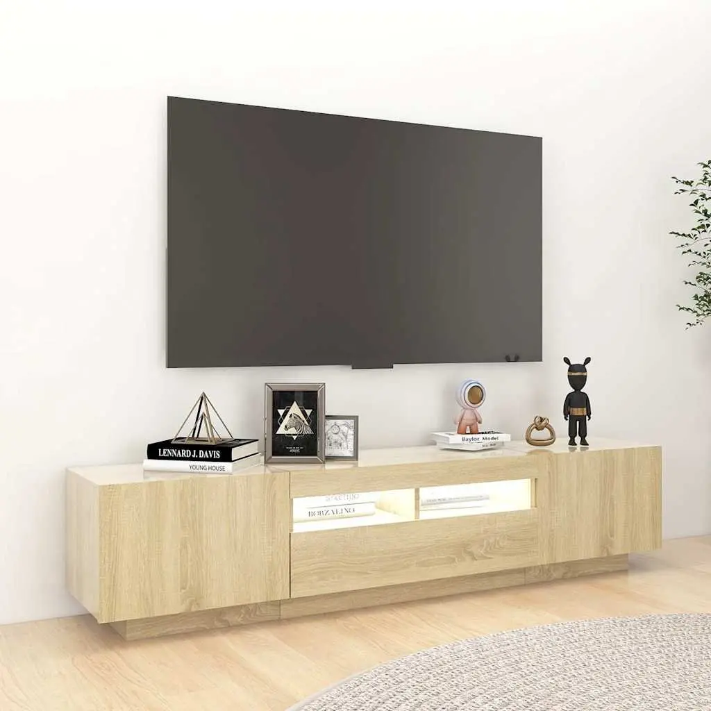 TV Cabinet RGB LED Lights Brown Wood Media Storage Unit 180cm
