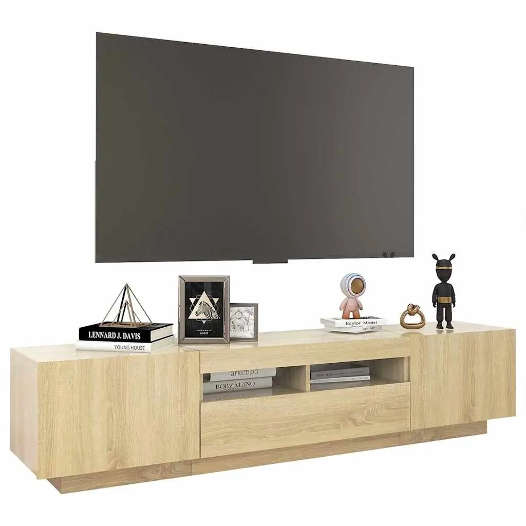 TV Cabinet RGB LED Lights Brown Wood Media Storage Unit 180cm