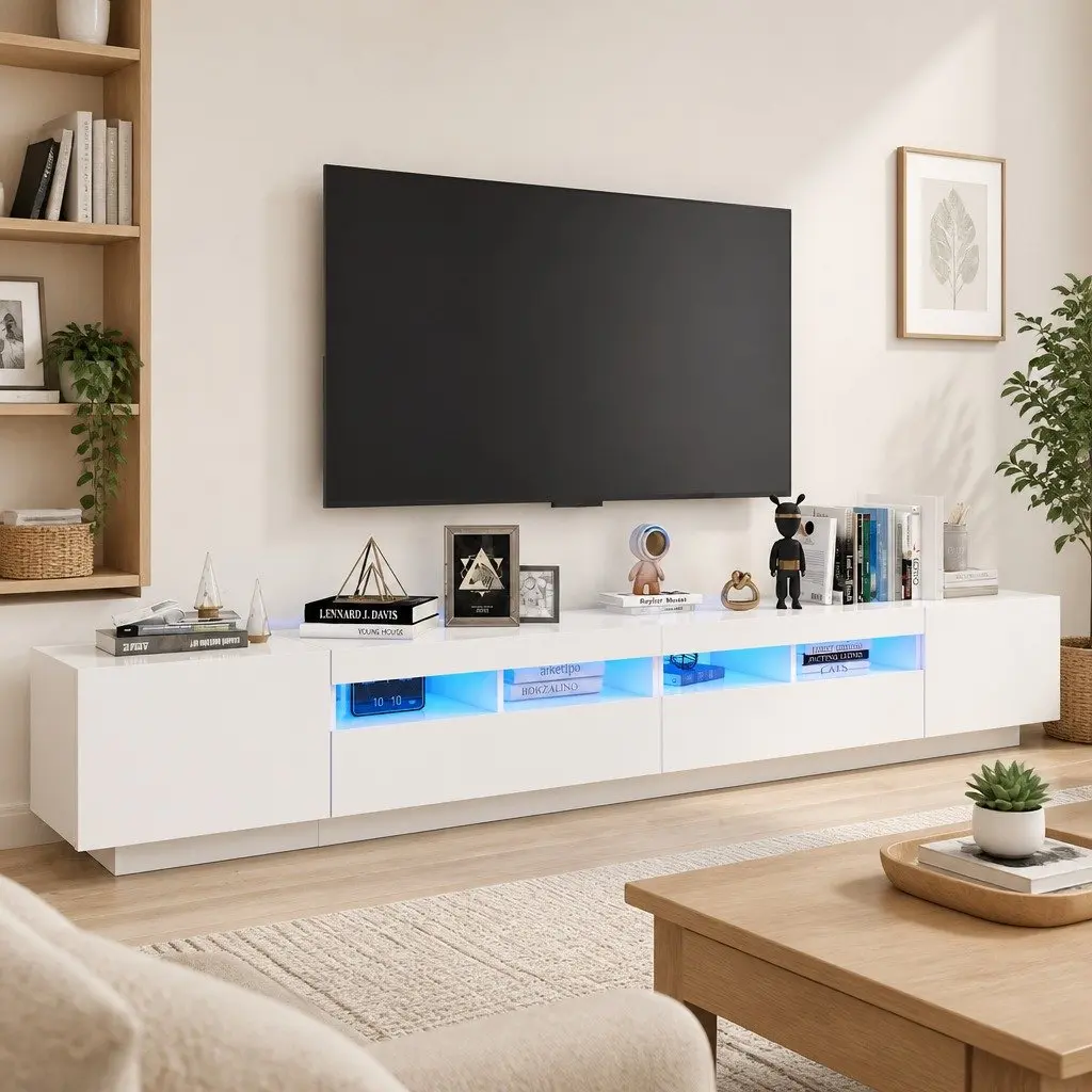 TV Cabinet Modern White LED Lights 260x35x40cm Media Storage Unit