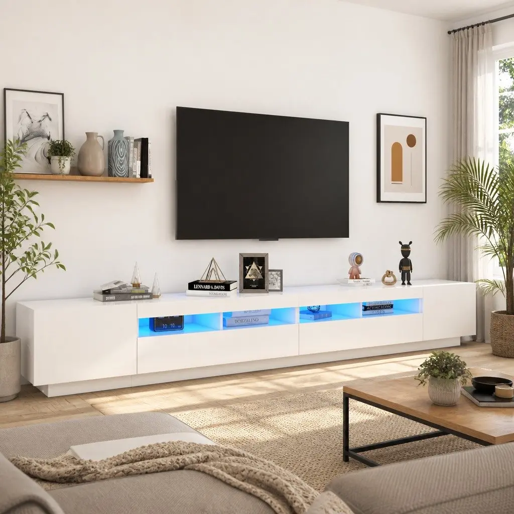 TV Cabinet White 300cm LED Lights Media Storage Unit