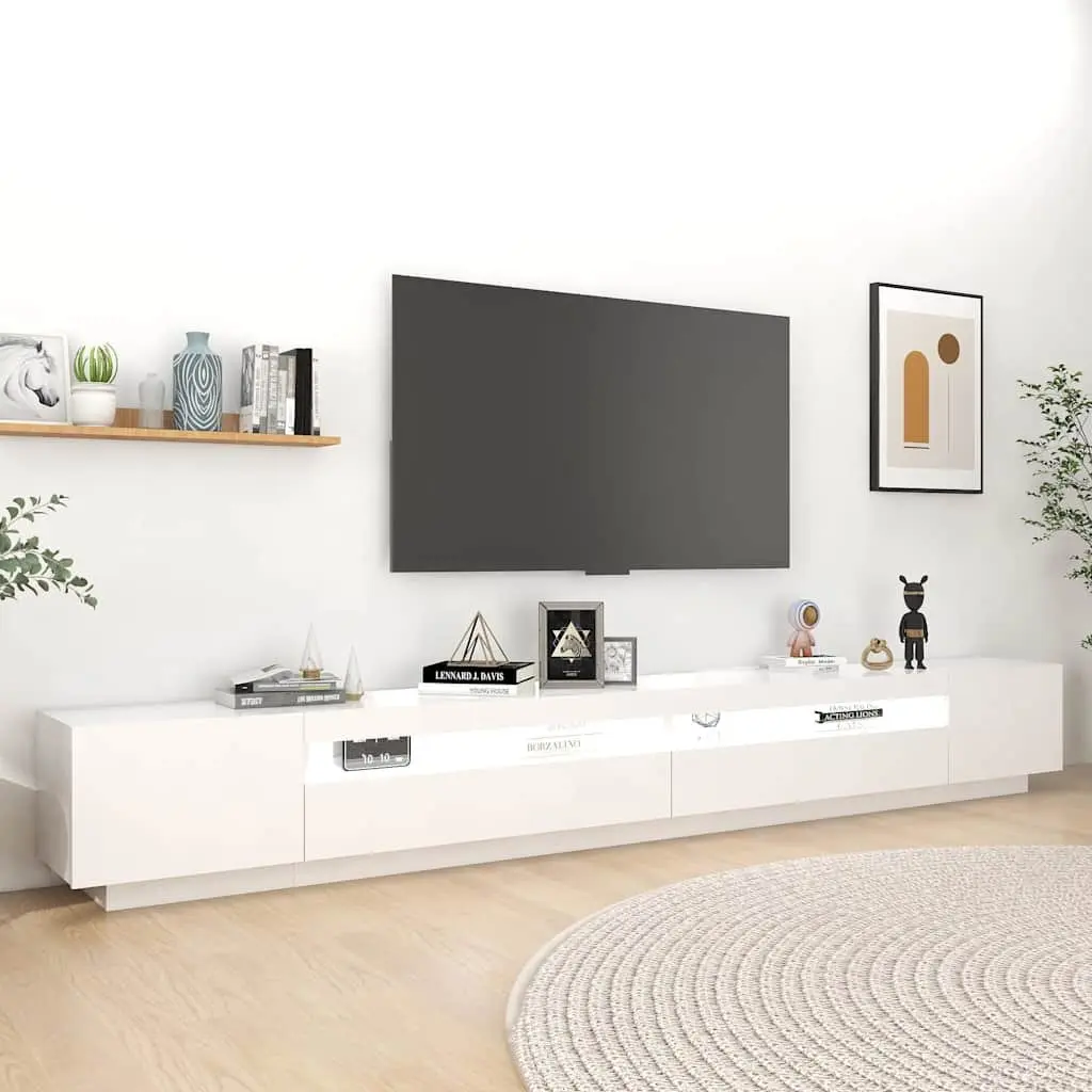 TV Cabinet White 300cm LED Lights Media Storage Unit
