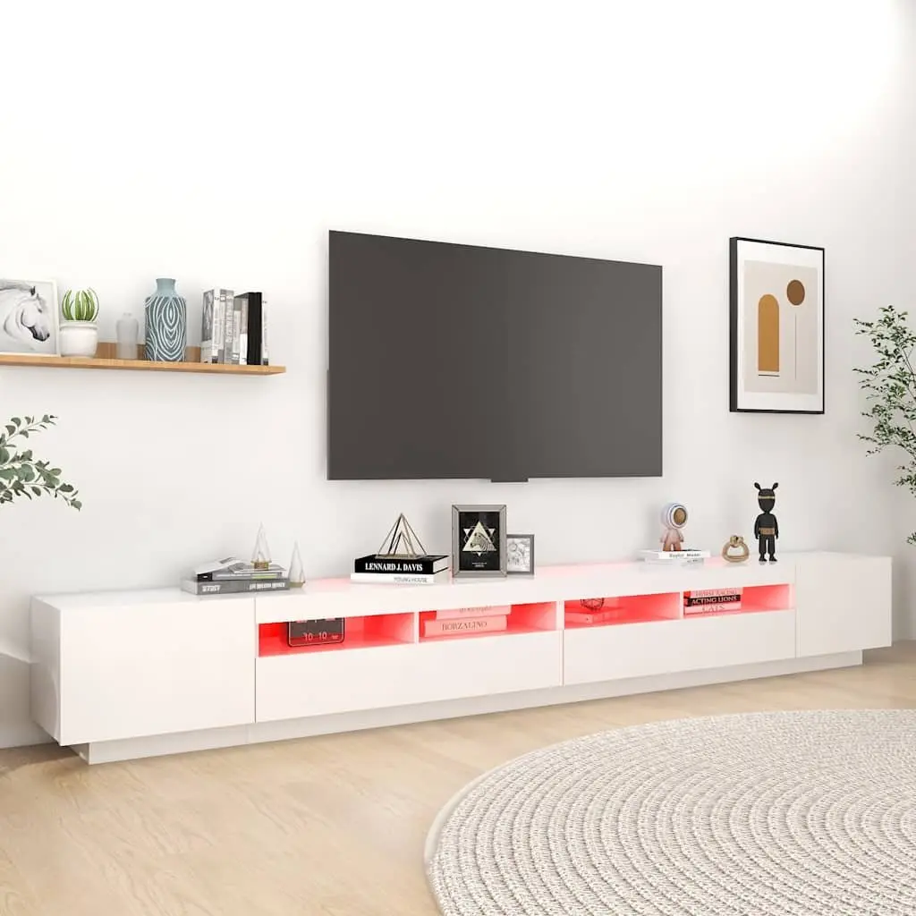 TV Cabinet White 300cm LED Lights Media Storage Unit