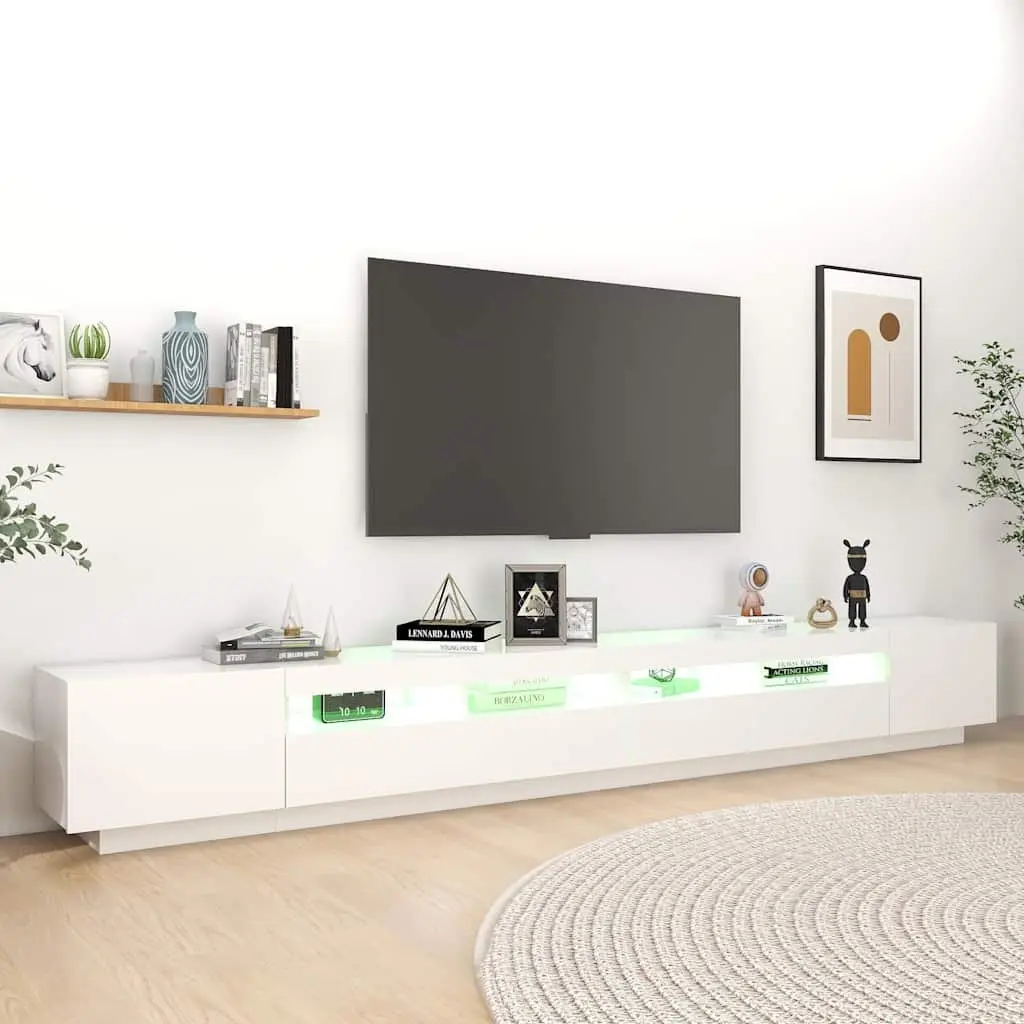 TV Cabinet White 300cm LED Lights Media Storage Unit