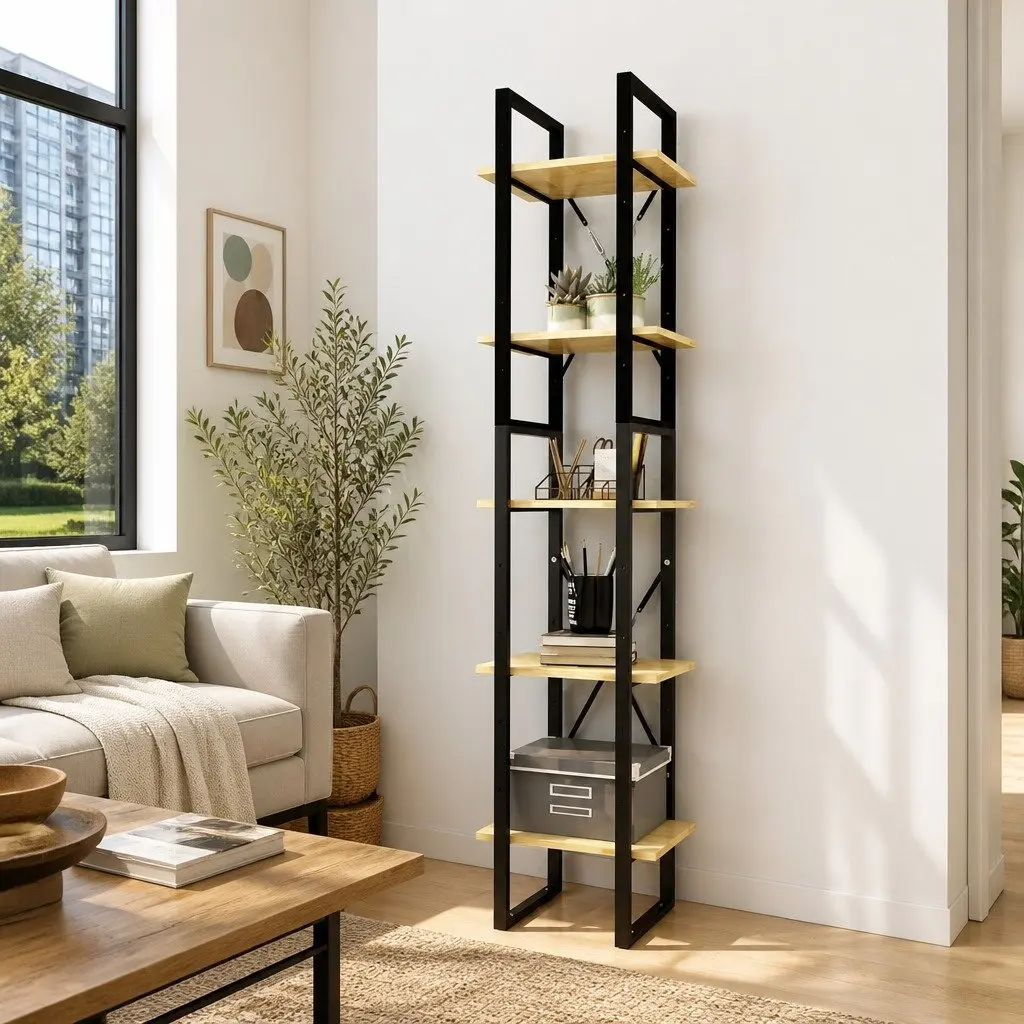 5-Tier Wooden Book Cabinet Brown Pinewood and Metal Frame 40x30x175cm