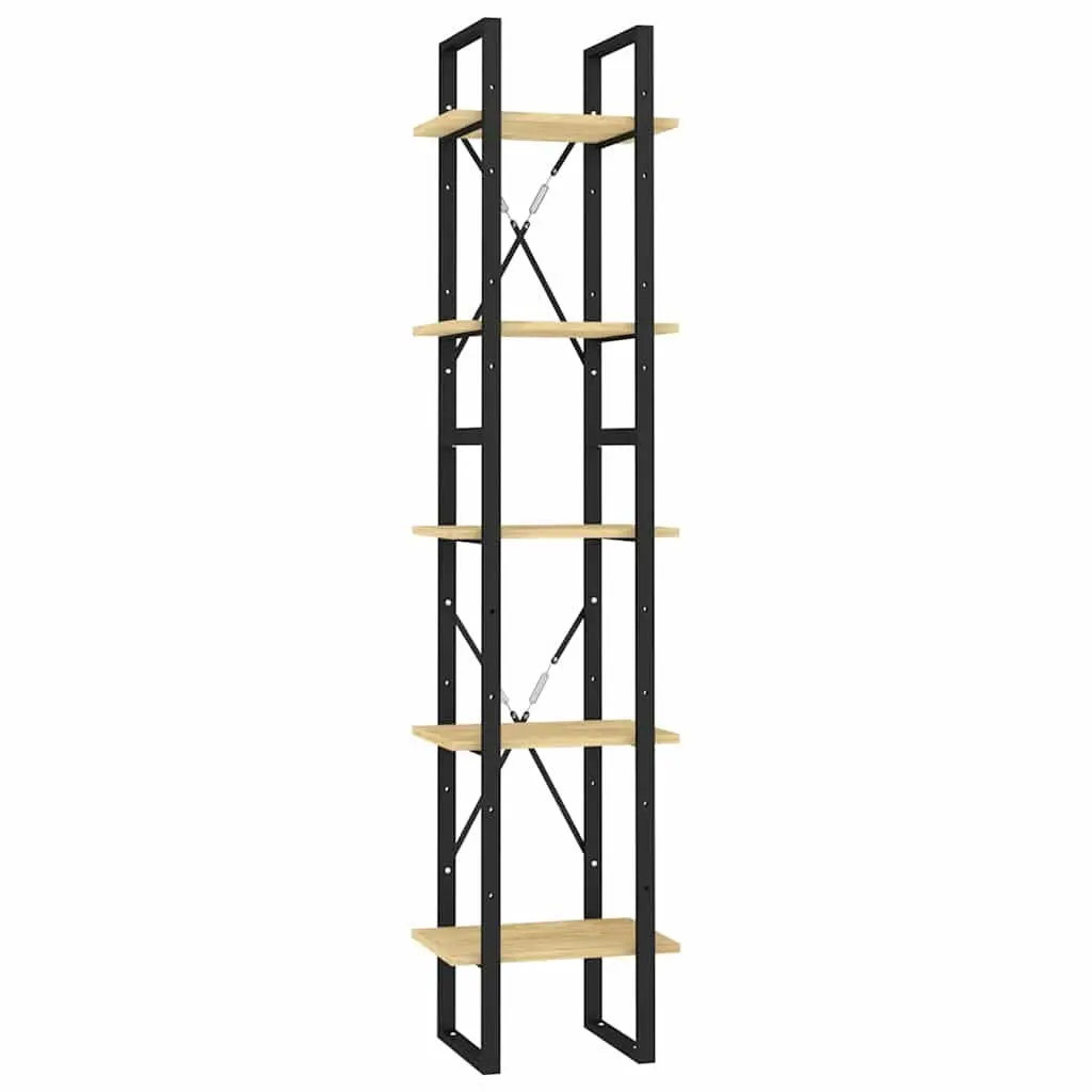 5-Tier Wooden Book Cabinet Brown Pinewood and Metal Frame 40x30x175cm