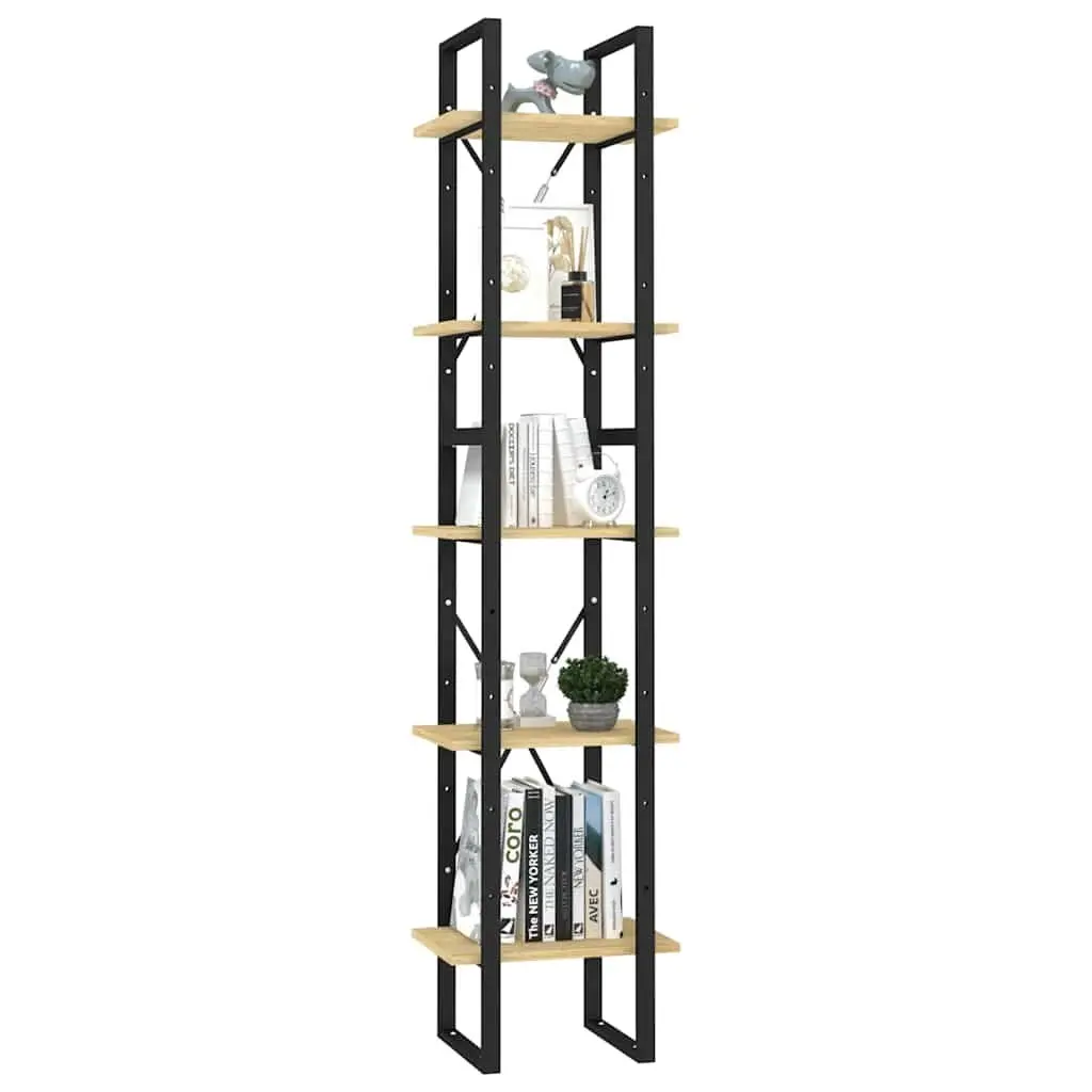 5-Tier Wooden Book Cabinet Brown Pinewood and Metal Frame 40x30x175cm