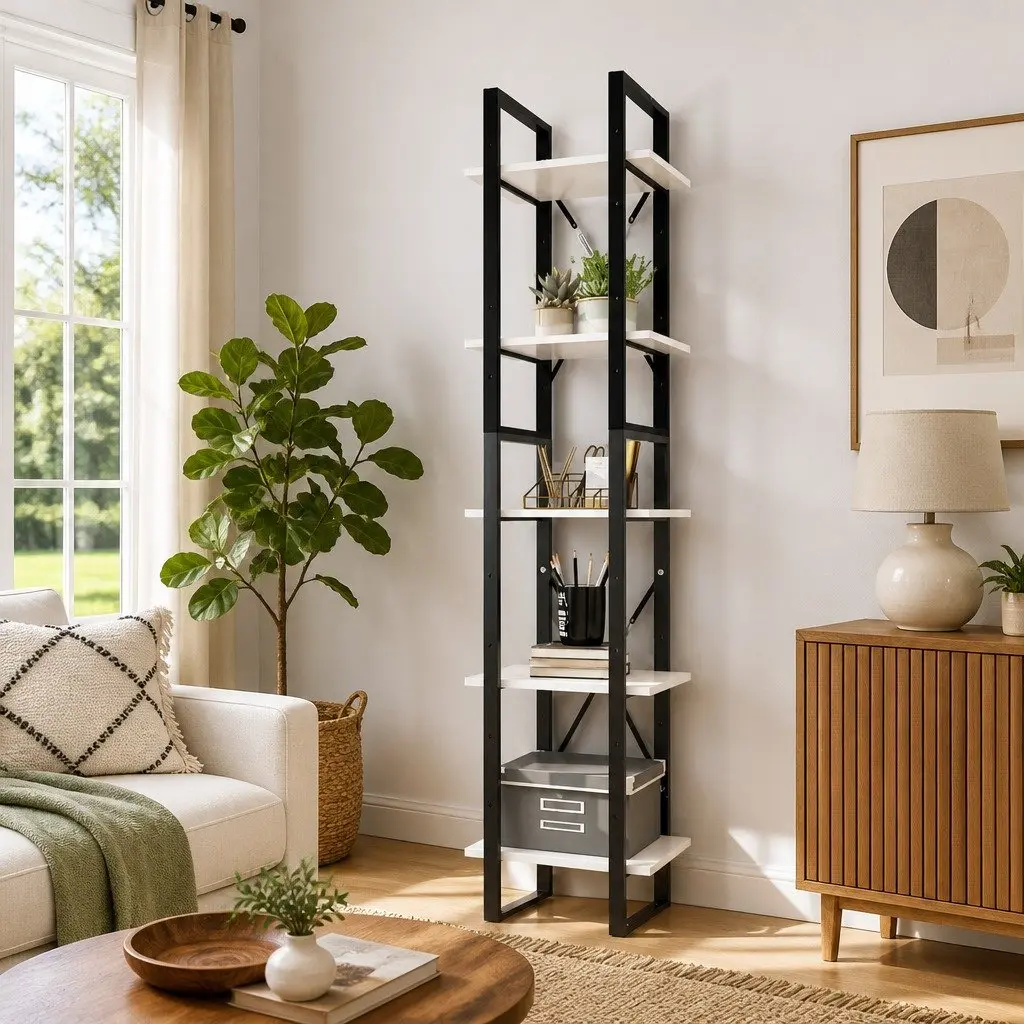 5-Tier White Pinewood Book Cabinet Storage Display Unit