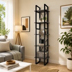 5-Tier Grey Pinewood Book Cabinet with Metal Frame