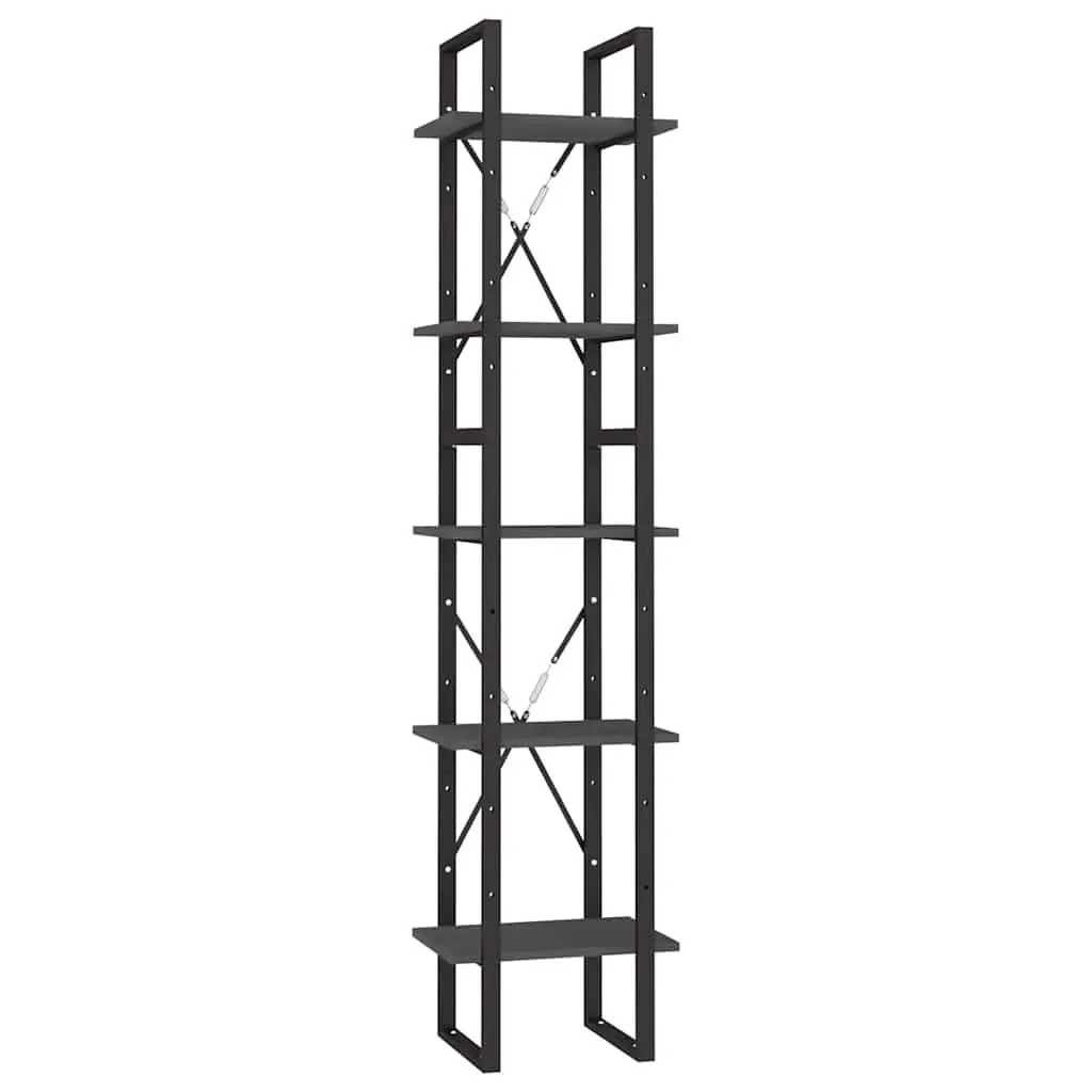 5-Tier Grey Pinewood Book Cabinet with Metal Frame