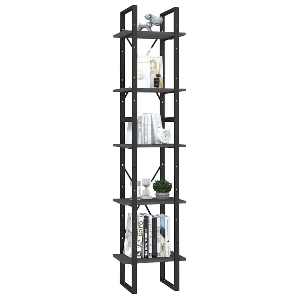 5-Tier Grey Pinewood Book Cabinet with Metal Frame