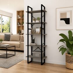5-Tier Grey Pinewood Book Cabinet for Elegant Storage