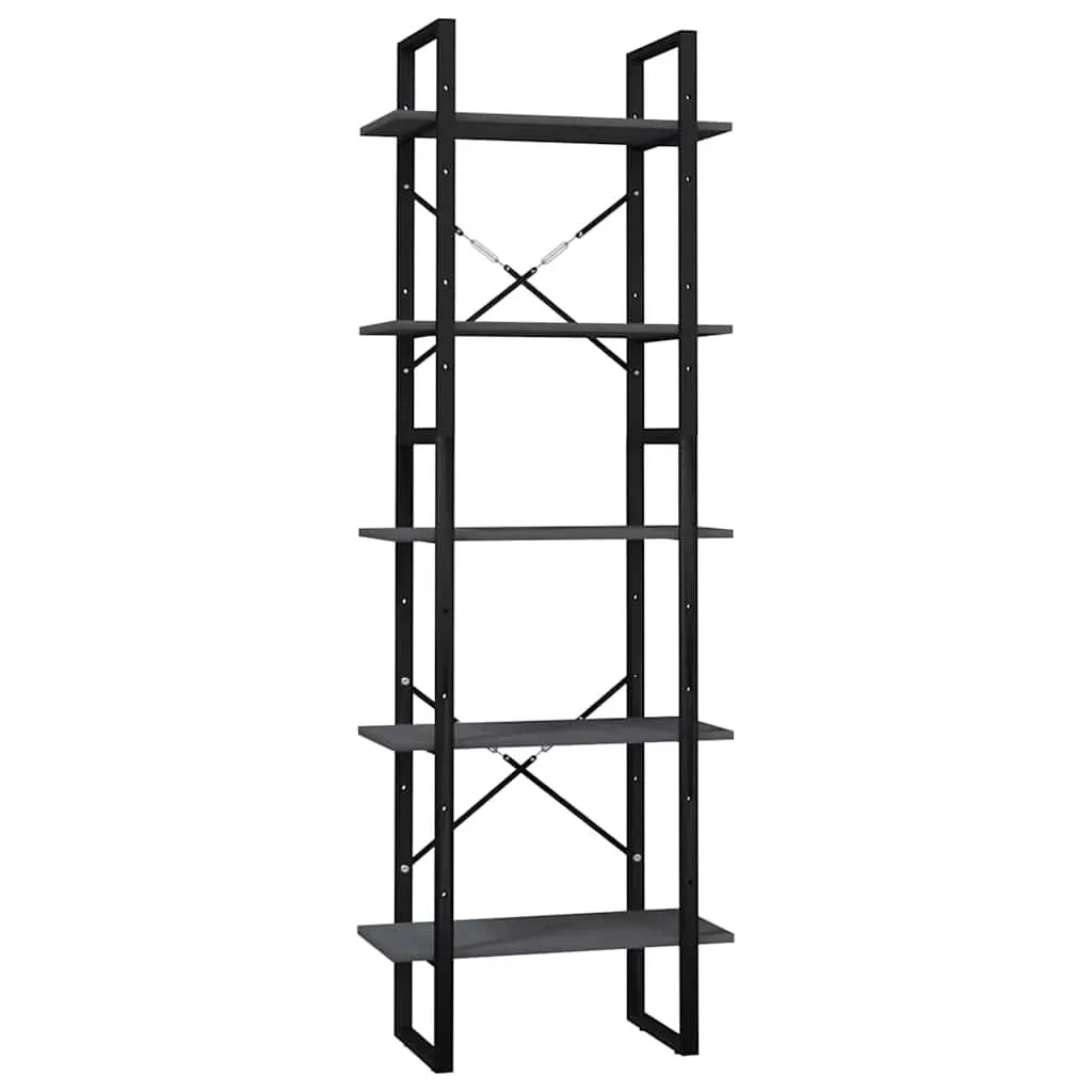 5-Tier Book Cabinet Grey Pinewood Storage Shelving Unit Standing Bookshelf