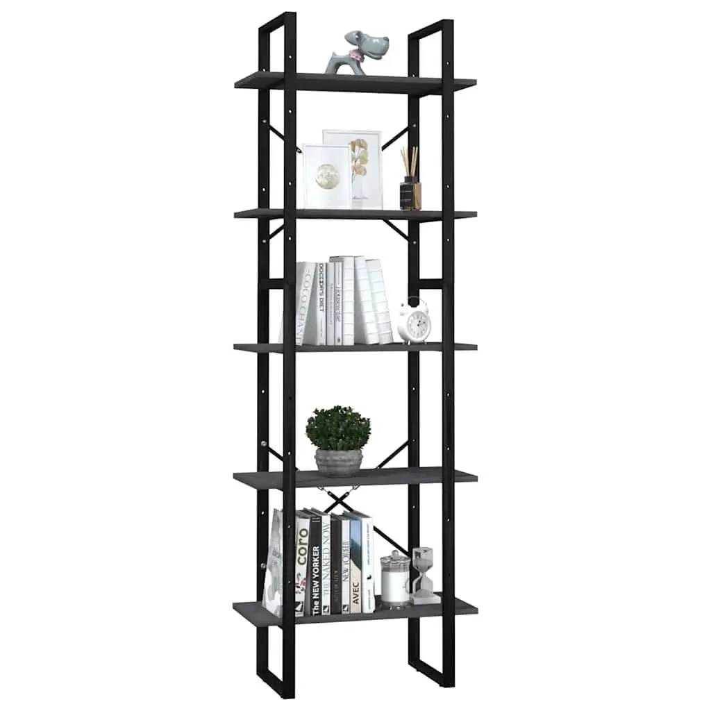 5-Tier Book Cabinet Grey Pinewood Storage Shelving Unit Standing Bookshelf