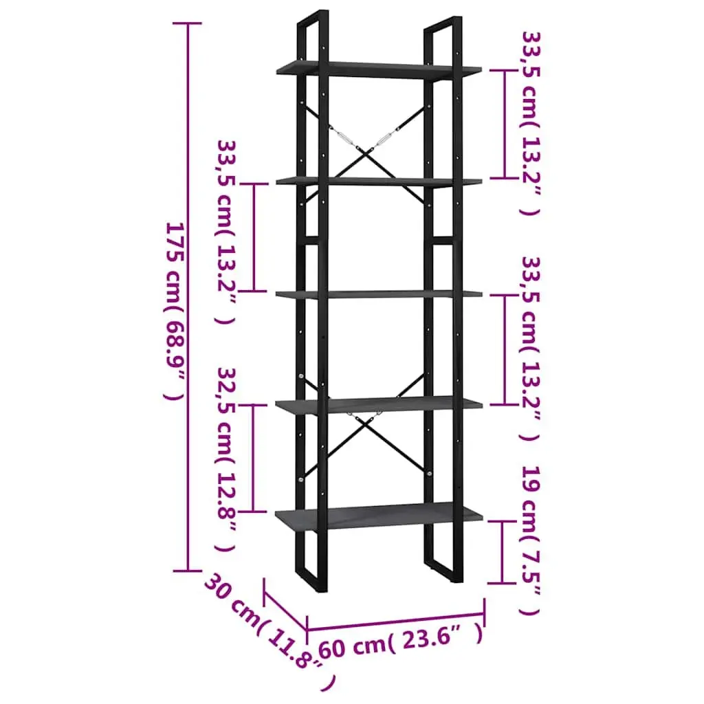 5-Tier Book Cabinet Grey Pinewood Storage Shelving Unit Standing Bookshelf