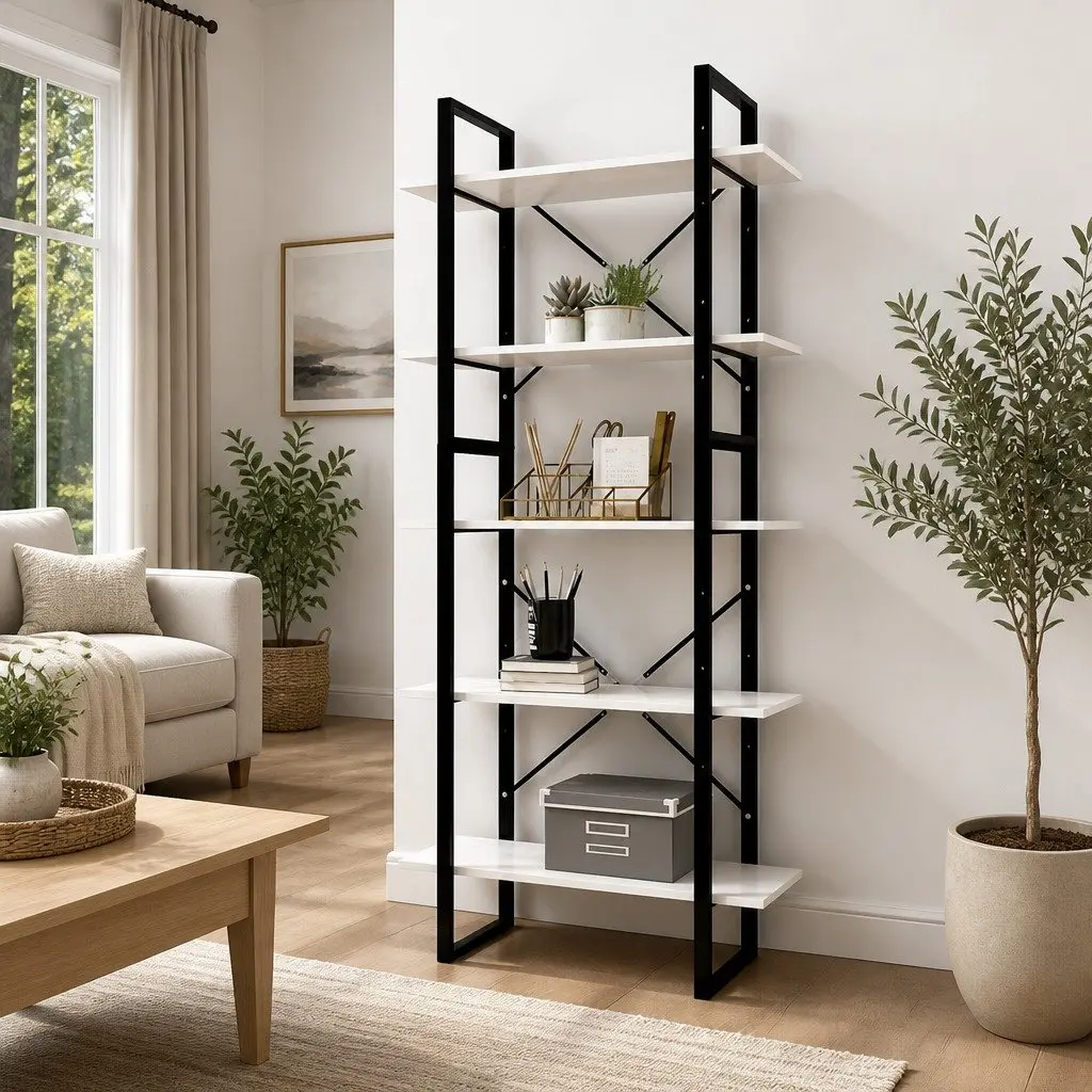 5-Tier Book Cabinet White Pinewood Storage Shelving Unit Standing Bookcase