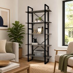 5-Tier Grey Pinewood and Metal Frame Book Cabinet