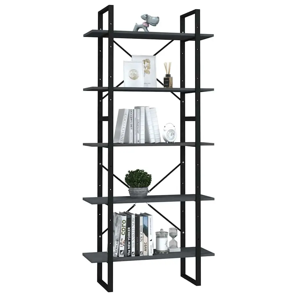 5-Tier Grey Pinewood and Metal Frame Book Cabinet
