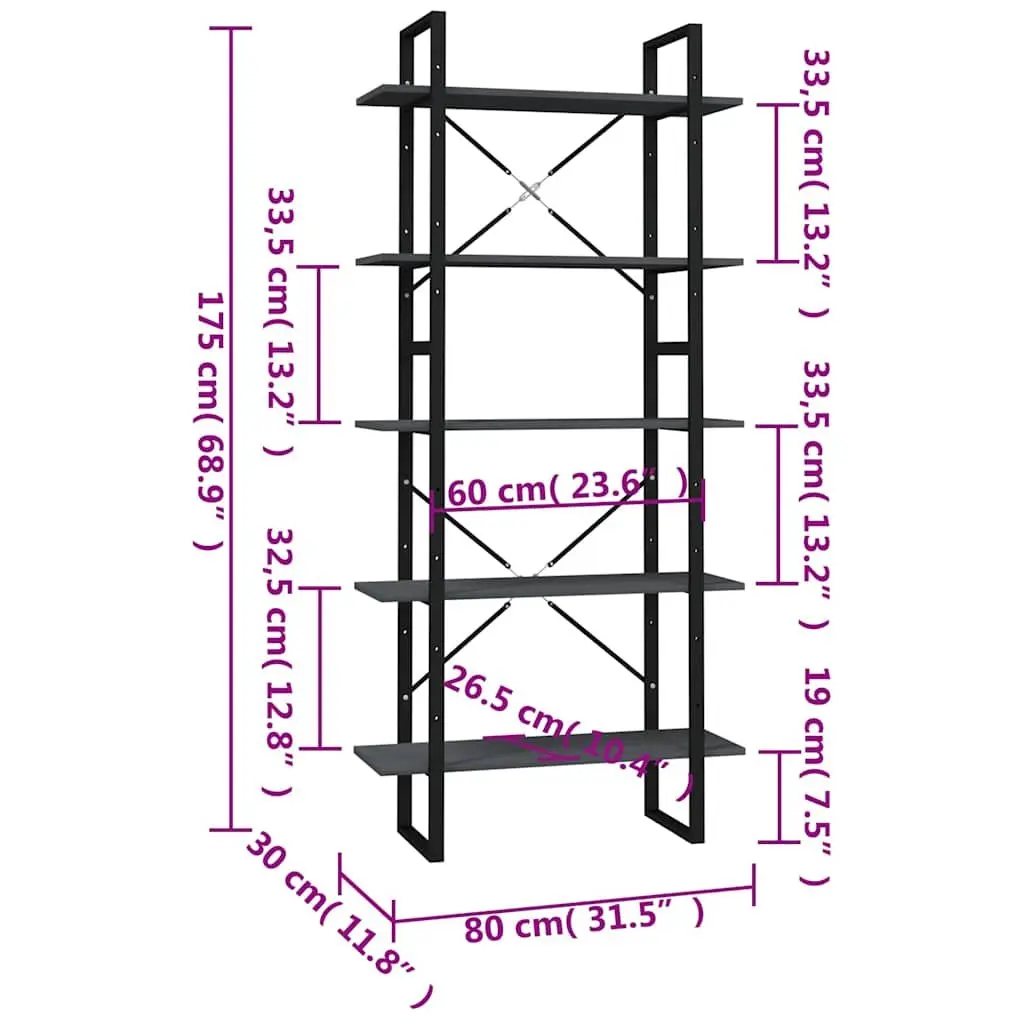 5-Tier Grey Pinewood and Metal Frame Book Cabinet