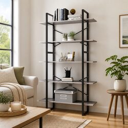 5-Tier Grey Engineered Wood Bookcase with Metal Frame