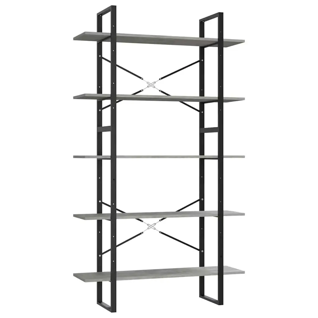 5-Tier Grey Engineered Wood Bookcase with Metal Frame