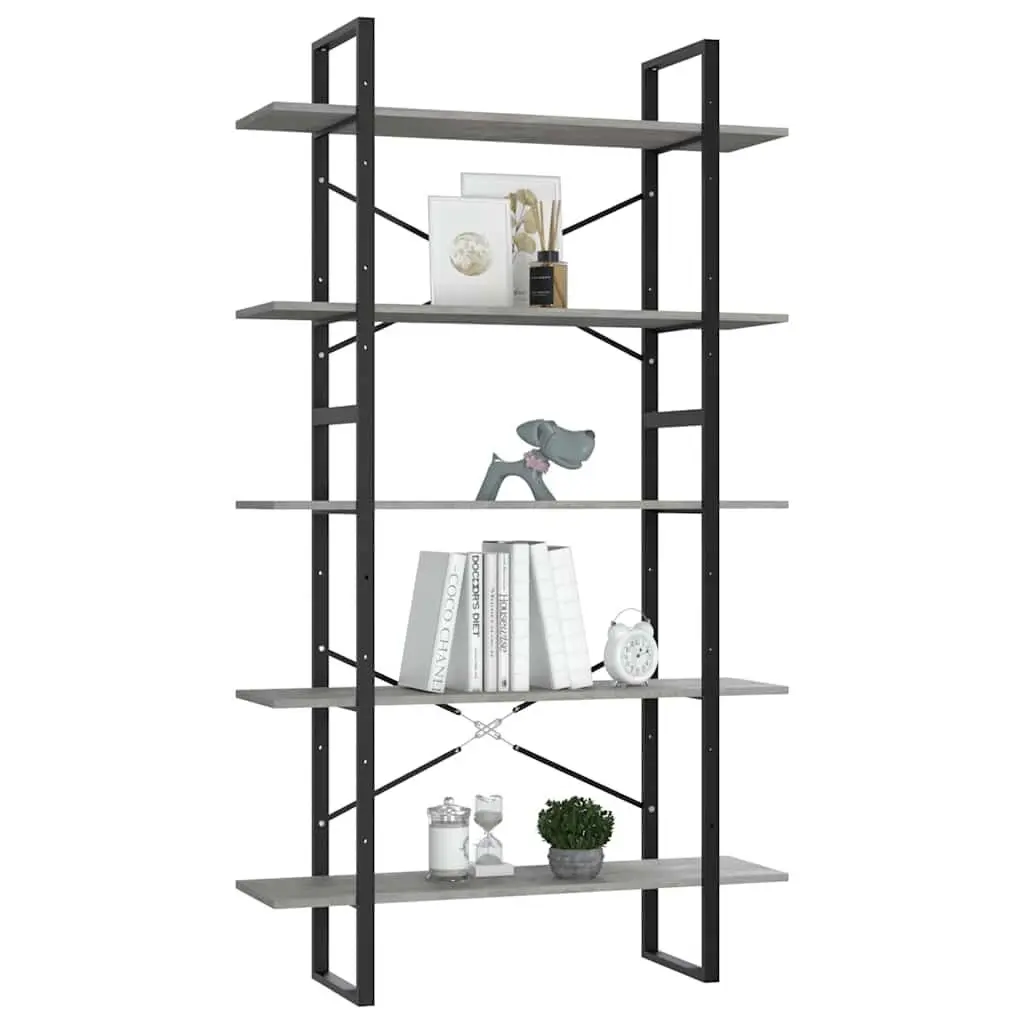 5-Tier Grey Engineered Wood Bookcase with Metal Frame