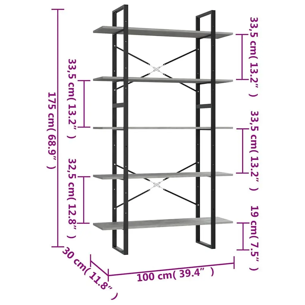 5-Tier Grey Engineered Wood Bookcase with Metal Frame