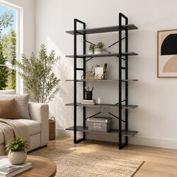 5-Tier Book Cabinet in Grey Pinewood and Metal Frame