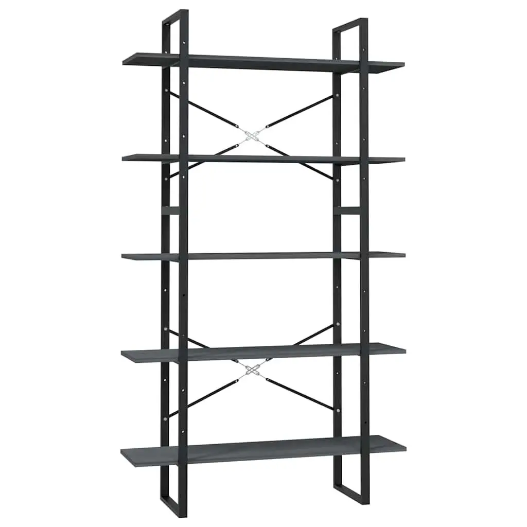 5-Tier Book Cabinet Grey Pinewood Metal Frame Storage Display Shelf