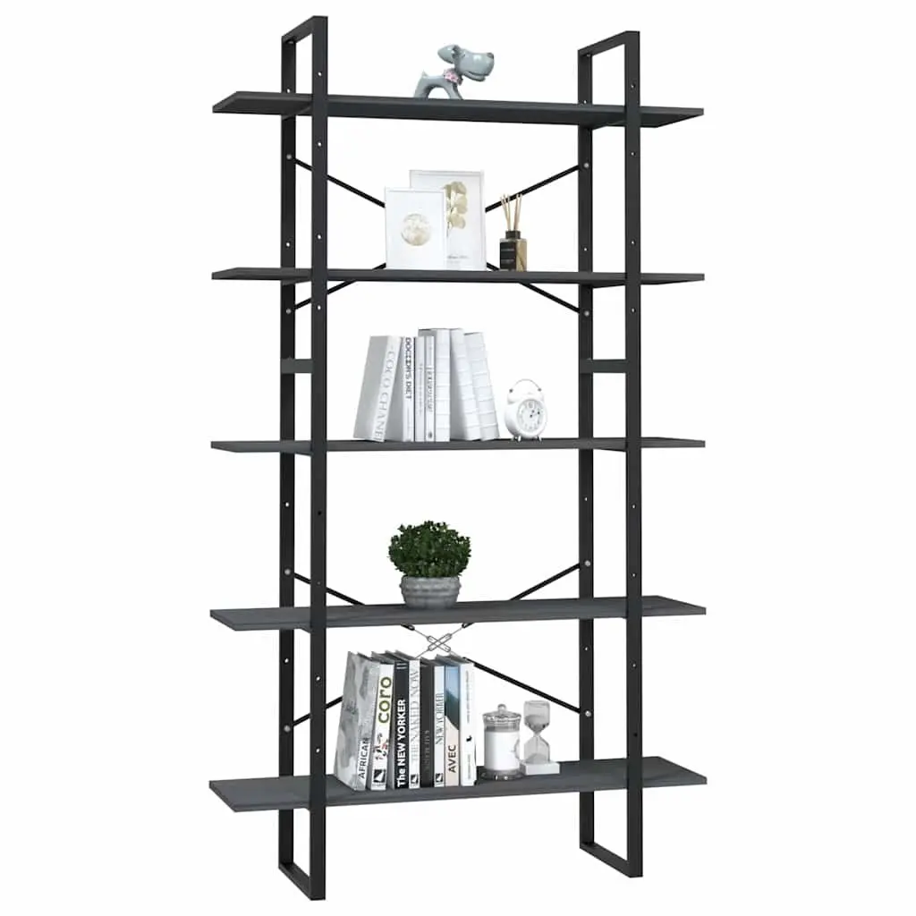 5-Tier Book Cabinet Grey Pinewood Metal Frame Storage Display Shelf