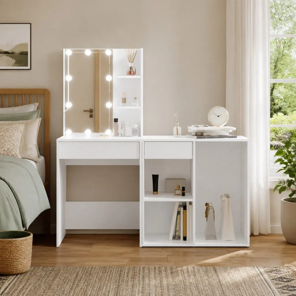 White LED Dressing Table with Cabinet for Makeup