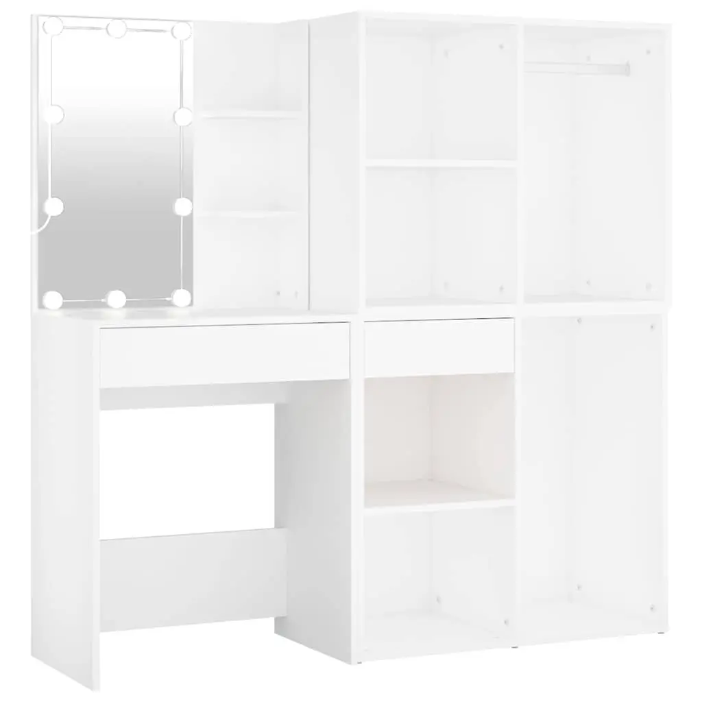 LED Dressing Table White Engineered Wood with 2 Storage Cabinets and Mirror