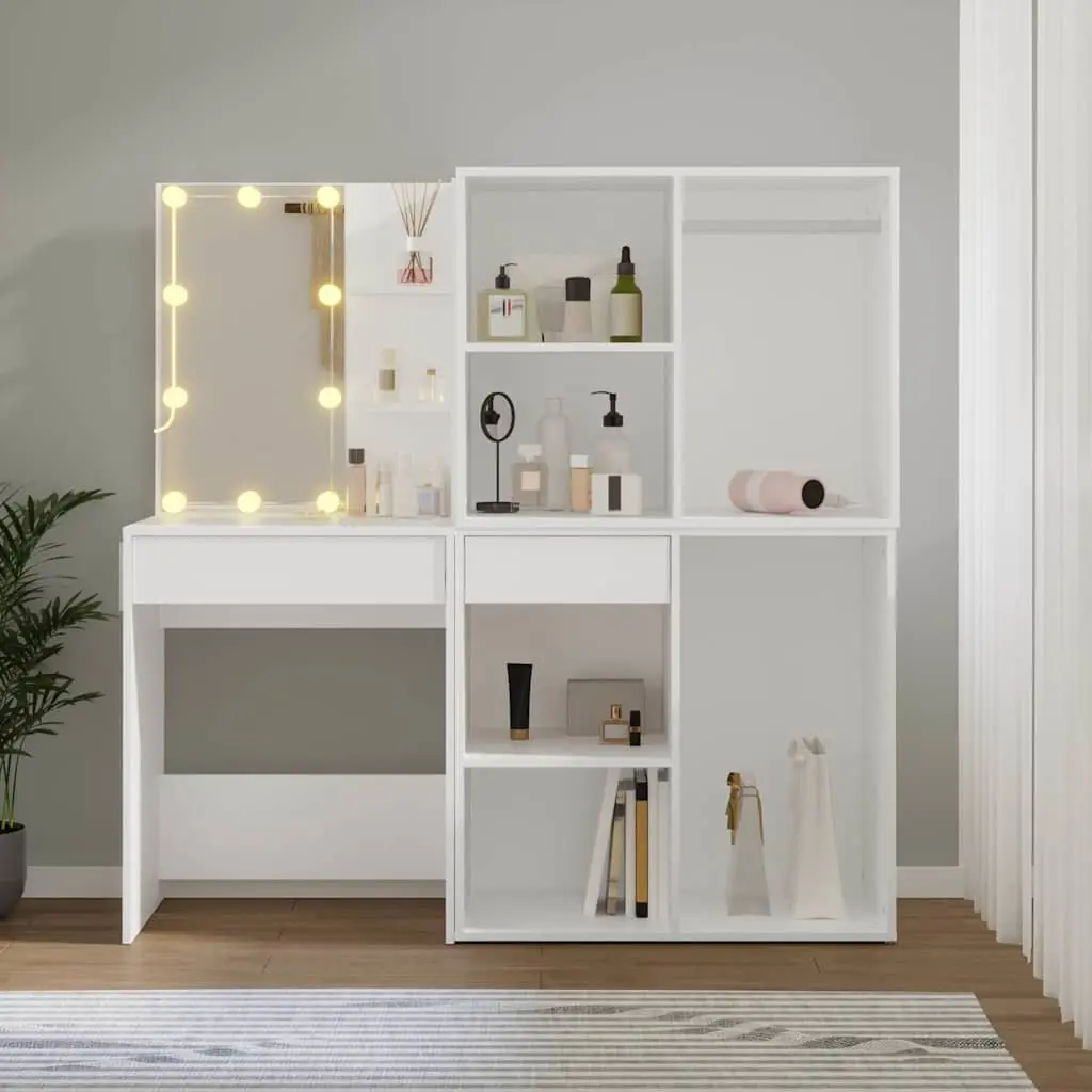 LED Dressing Table White Engineered Wood with 2 Storage Cabinets and Mirror