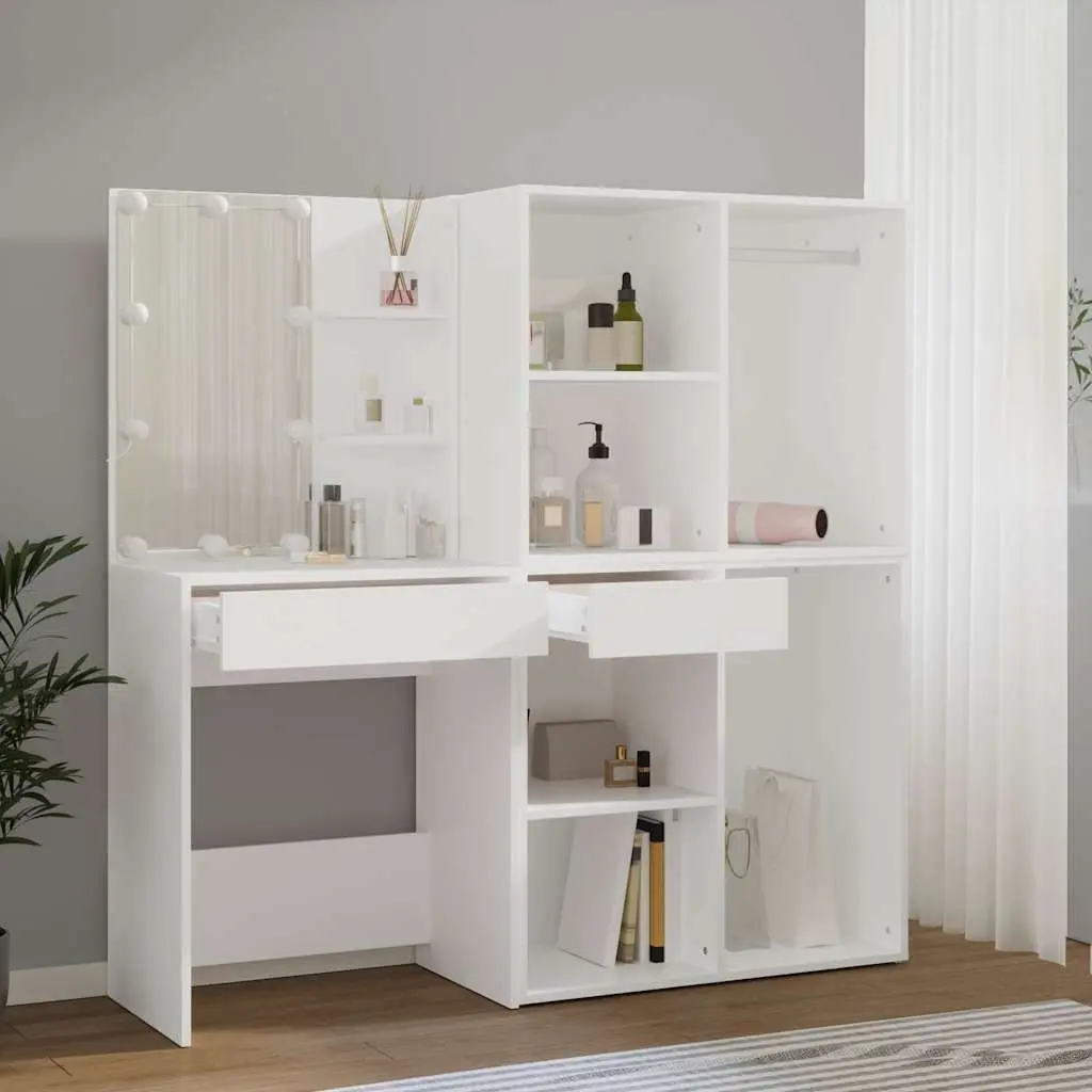 LED Dressing Table White Engineered Wood with 2 Storage Cabinets and Mirror