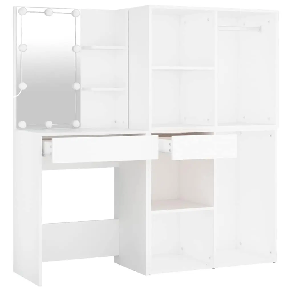 LED Dressing Table White Engineered Wood with 2 Storage Cabinets and Mirror