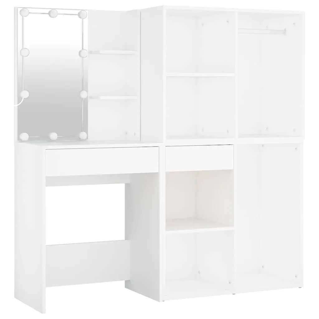 LED Dressing Table White Engineered Wood with 2 Storage Cabinets and Mirror