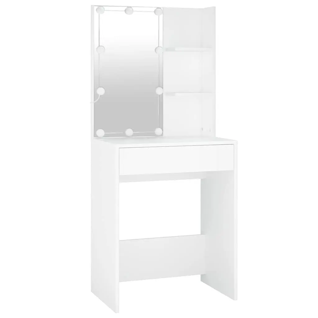 LED Dressing Table White Engineered Wood with 2 Storage Cabinets and Mirror